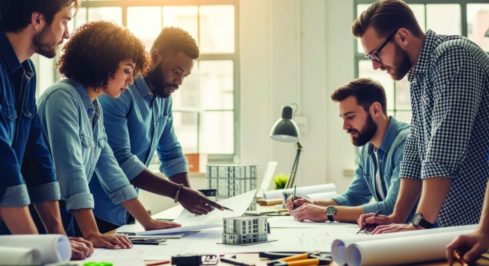 Collaborative meeting with engineers examining building designs